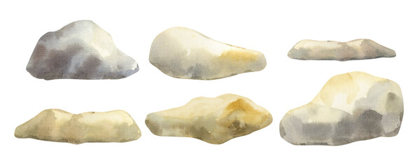 Watercolor drawing of sea rocks and boulders. Illustration of a set of stones hand drawn and isolated from the background. Sea pebbles for outdoor, marine landscape design.