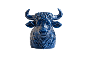 Glossy blue bull bust with distinct curly mane, large horns, and strong sculptural presence, isolated on a transparent background