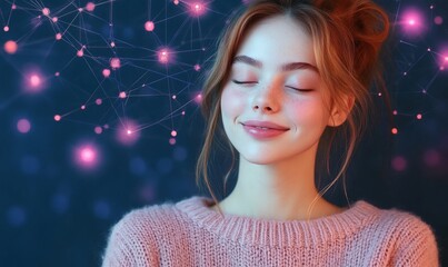 Conceptual AI mind network in woman showing digital brain mapping and artificial intelligence cognition expansion
