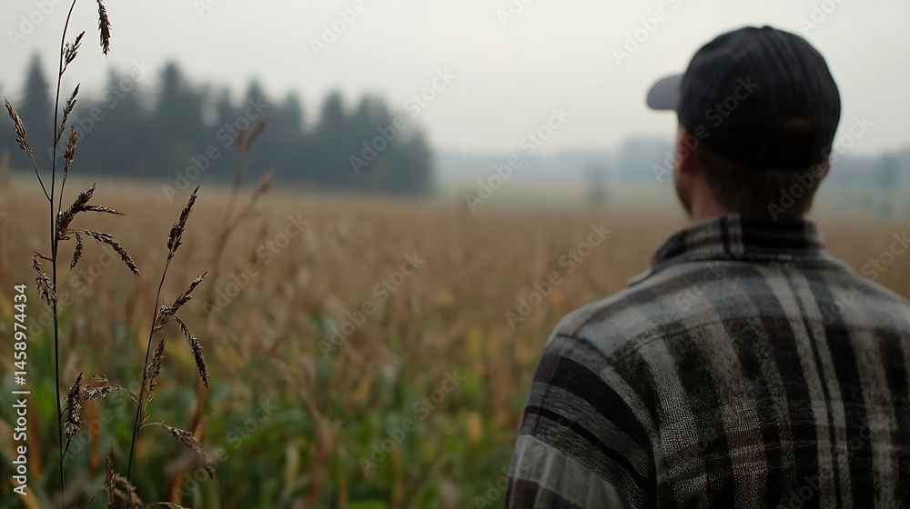 Aufkleber A man in a plaid shirt stands in a field of tall grass, gazing at a distant, hazy forest on a muted autumn day. : Generative AI