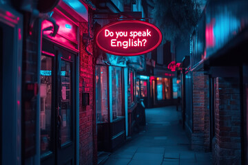 A neon sign on the street asks Do you speak English