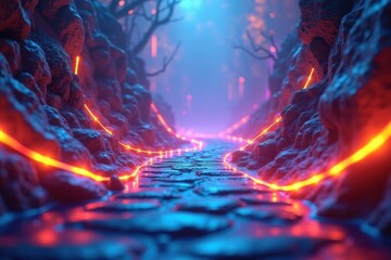 Darkness illuminates road.. Desolate path winds through fiery landscape, lit by eerie luminescence in ominous darkness.