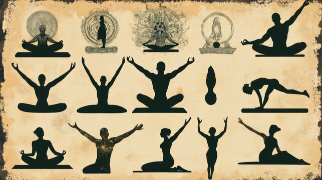 Collection of various yoga poses in silhouette form.