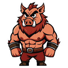 Muscular cartoon boar man stands aggressively with hands by sides looking forward intensely