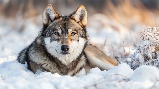 Majestic grey wolfdog with striking blue eyes rests peacefully in a snowy winter landscape, showcasing its thick fur and serene expression. : Generative AI