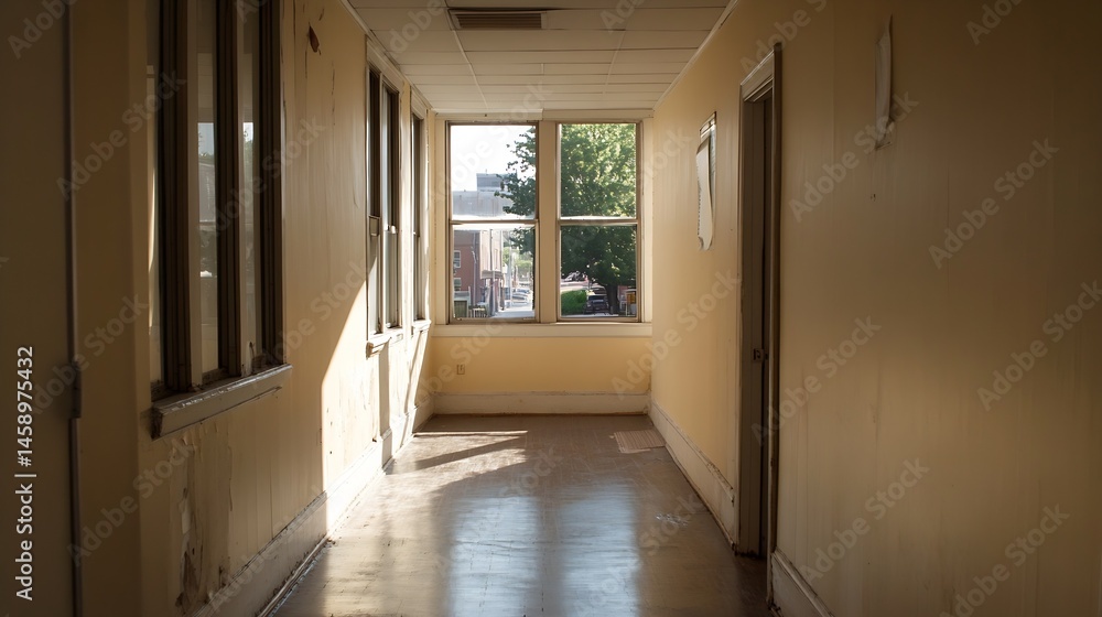 Aufkleber Sunlit hallway in an old building with peeling paint and a view of a street through a window, showing signs of age and neglect. : Generative AI