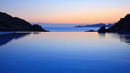 Naklejka premium Infinity pool reflecting a tranquil sunset over the sea