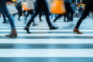 Motion blur of people crossing pedestrian lane in city