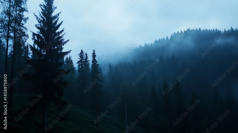 Poster mysterious, dark blue fog shrouds a dense coniferous forest, creating an atmospheric, serene, and sl