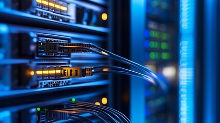 Close-up view of fiber optic cables connected to a server rack in a modern data center, showcasing the intricate network infrastructure and high-speed connectivity. : Generative AI