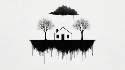Plexiglas schilderij Abstracte kunst Melancholy House Under a Dark Cloud: A Monochromatic Digital Art Piece  © Adex