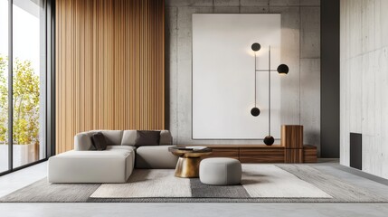 Brutalist minimalist mix, concrete textures, blocky furniture, clean rug, metal accents, monochrome light