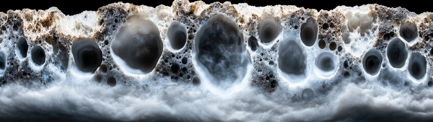 Abstract texture of a porous,  sculptural,  mineral-like formation.  Complex  patterns of  dark and light areas, with  a network of  irregular  cavities and  holes