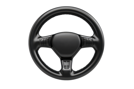 Realistic steering wheel image to highlight control comfort and craftsmanship in vehicle themed content