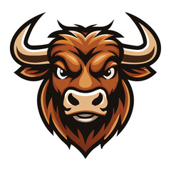 The brown cartoon bull head exhibits striking detail with sharp horns and intense gaze