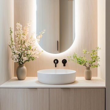 contemporary organic powder room, clean basin, round mirror, vertical wall lighting, soft matte finishes, no plants