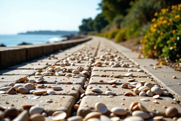 Sustainable Coastal Pavement: Close-Up Texture of Crushed Oyster Shell Pathway Exhibiting Light Color and Sustainable Material Use