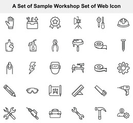 Outline icon set displays workshop tools on a white backdrop