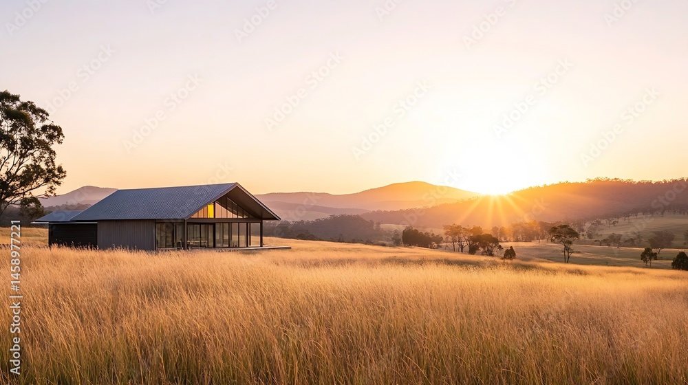 Poster modern house with large windows sits in a field of tall golden grass at sunset, mountains in the bac