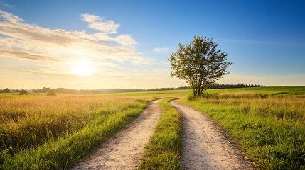 Serene sunset landscape featuring a dirt road winding through a grassy field, a lone tree standing tall, and a vibrant sky. : Generative AI