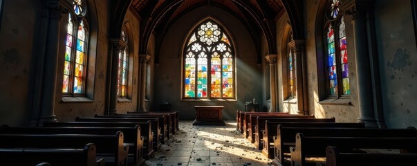 Dark, dilapidated church interior, shattered stained glass, holy, religious