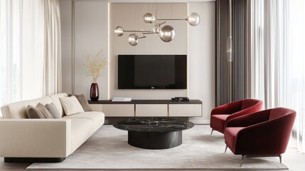Full living room interior with soft cream corner sofa, low black marble coffee table, bold red velvet armchair, light oak TV console, tall ceramic vase