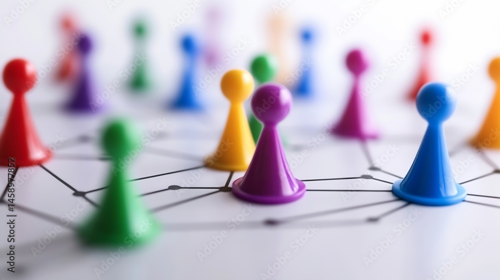 Poster Colorful game pieces arranged on a network diagram, illustrating concepts of connection, teamwork, and strategy in business or social contexts. : Generative AI