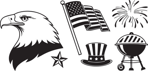 Black Icon Set for Fourth of July Independence Day