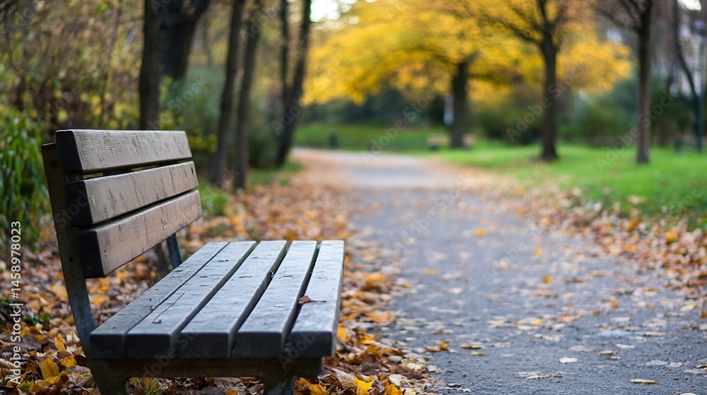 Aufkleber Empty wooden park bench sits beside a path strewn with autumn leaves, offering a tranquil autumnal scene in a park setting. : Generative AI