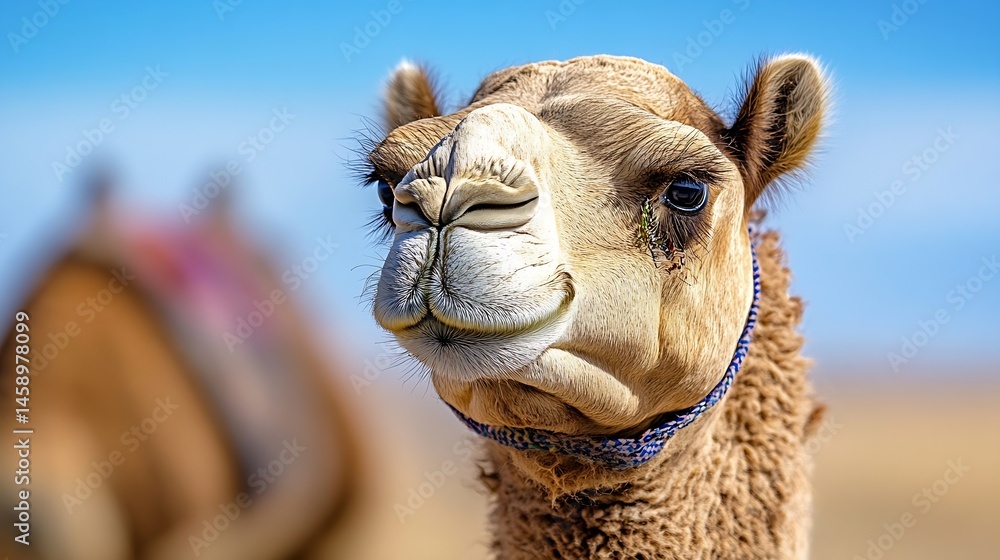 Poster close-up portrait of a dromedary camel, its face showing detail and texture against a blurred desert