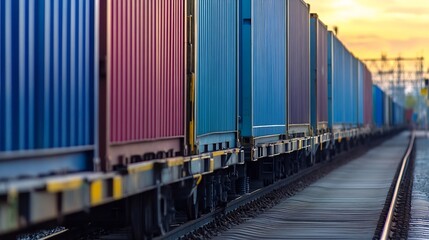 Obraz premium Freight train carrying colorful shipping containers at sunset, a close-up view of the train's side, showcasing the vibrant hues of the cargo containers against the warm, golden light. : Generative AI