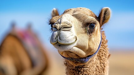 Close-up portrait of a dromedary camel, its face showing detail and texture against a blurred desert background under a clear blue sky. : Generative AI