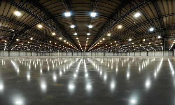A large, empty warehouse with high ceilings and LED lights on the ceiling illuminating its vast expanse.