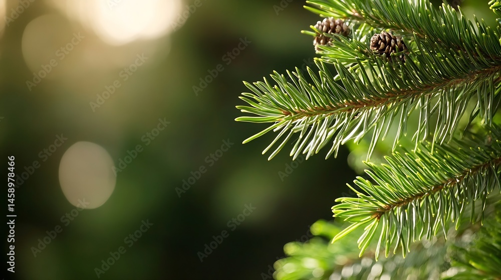 Aufkleber close-up view of a vibrant green pine branch, showcasing delicate needles and small pine cones, bath
