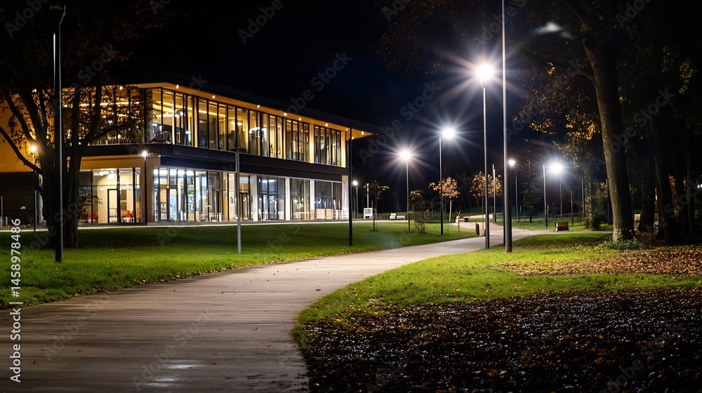 Aufkleber Modern building with large windows illuminated at night, a paved pathway winds through a park with trees and autumn leaves under bright streetlights. : Generative AI