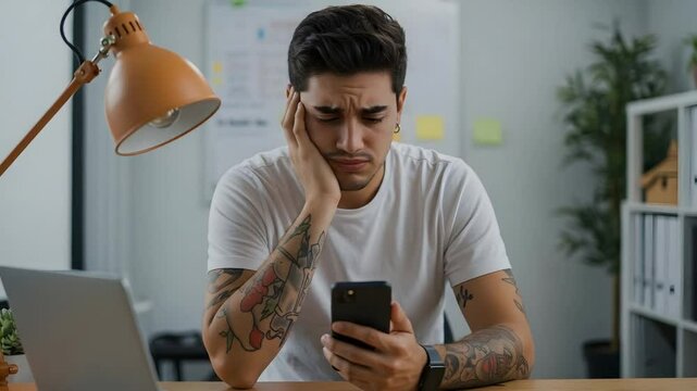 Young Man Checking Smartphone with Thoughtful Expression