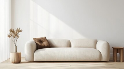 Minimal Scandinavian living room, linen textured sofa, single dry flower in small vase, light wood floor, soft wall lighting