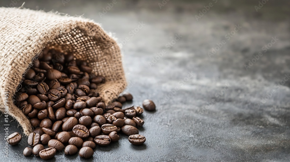 Leinwandbilder roasted coffee beans spilling from a burlap sack onto a dark gray textured surface, creating a rich 