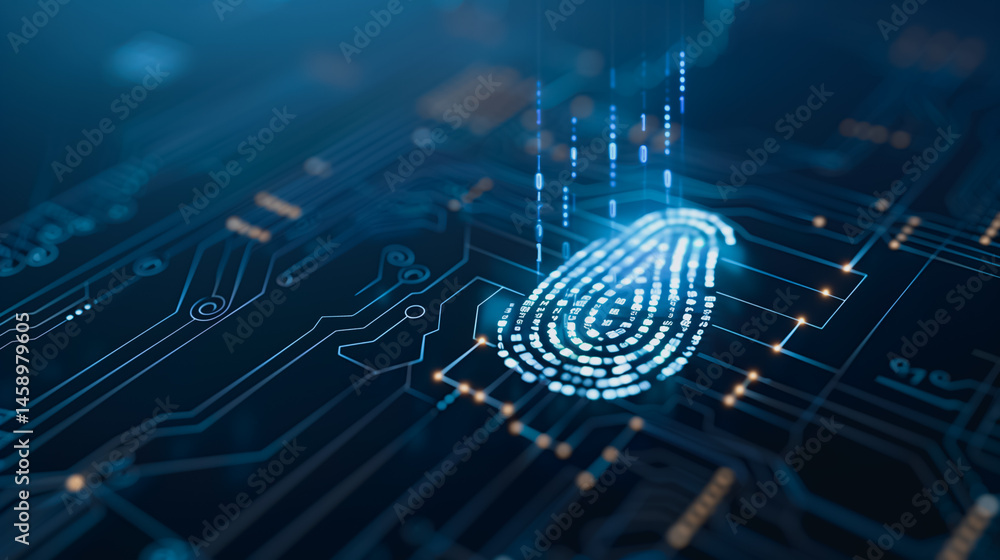 Poster digital fingerprint security: a glowing, futuristic fingerprint on a circuit board, representing sec