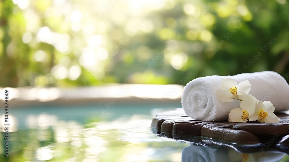Aufkleber serene spa scene: a rolled white towel rests on dark stones, adorned with delicate white orchids, be