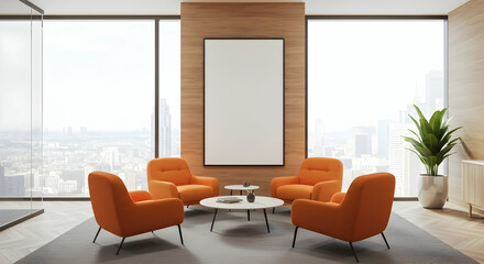Fototapeta premium Modern office lounge area with orange armchairs coffee tables and blank vertical poster on wooden wall mockup 3D rendering