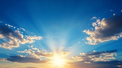 Stunning sunset scene with sun rays bursting through fluffy cumulus clouds, painting the sky in vibrant hues of orange, yellow, and blue. : Generative AI