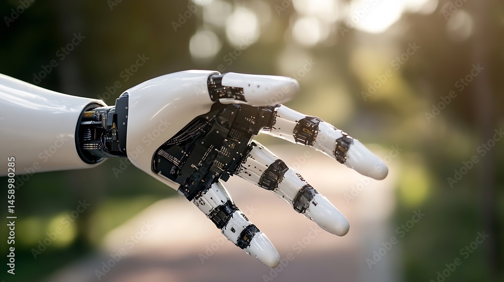 Aufkleber close-up of a robotic hand reaching out, showcasing intricate mechanical details and a white, sleek 