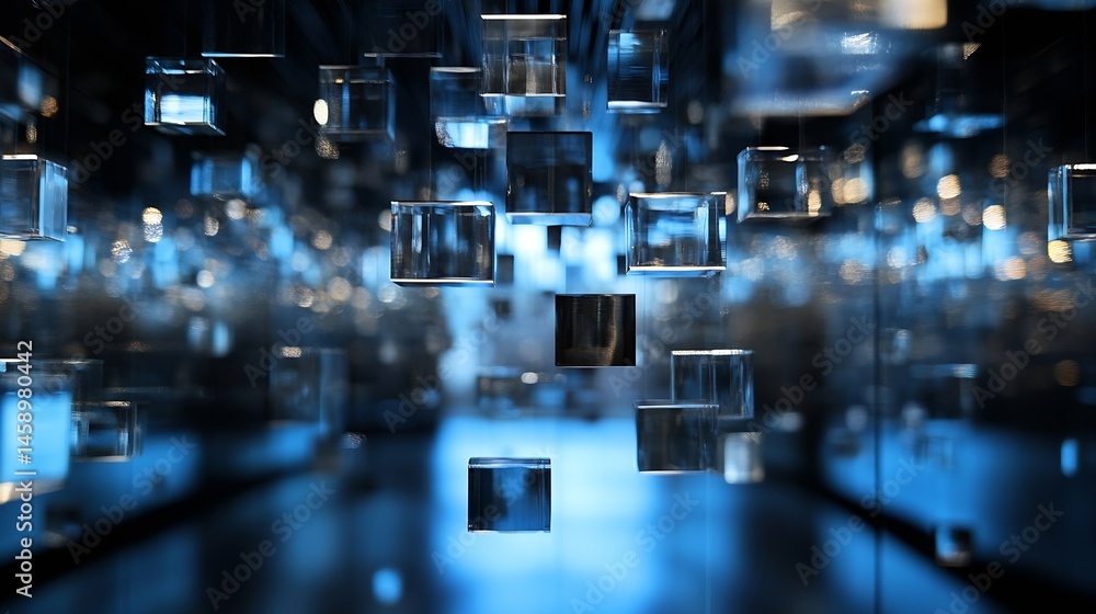 Fototapete Abstract composition of floating glass cubes, reflecting blue and white lights, creating a sense of depth and mystery in a dark environment. : Generative AI
