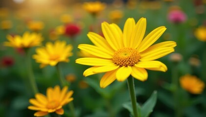 Obraz premium Bright yellow daisy, other flowers out of focus, golden hour, wildflower