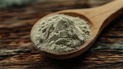 Wooden spoon holding green clay powder on wooden table