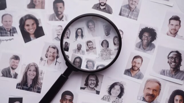 Magnifying Glass Over Diverse Candidate Photos: Recruitment, Headhunting, HR, Job Search
