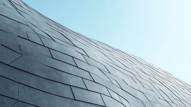 Modern architectural facade with wavy, tiled surface against a clear sky - Powered by Adobe