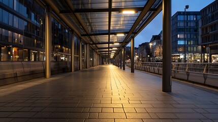 Fototapeta premium Empty urban walkway at dusk, illuminated by warm artificial light under a modern glass canopy, flanked by sleek glass buildings and metal pillars. : Generative AI