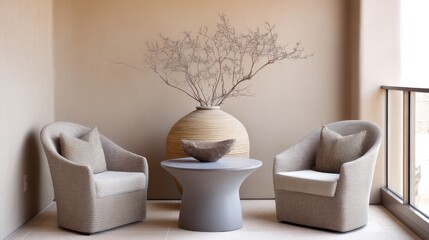 small contemporary tribal balcony full view, two taupe fabric chairs, clay wall, round table with ceramic vase and dry twig, soft warm ambient light